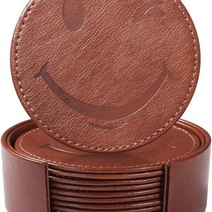 NEW Coasters for Drinks Set of 6 with Holder, 6-Piece Leather Coasters w/ Smiley